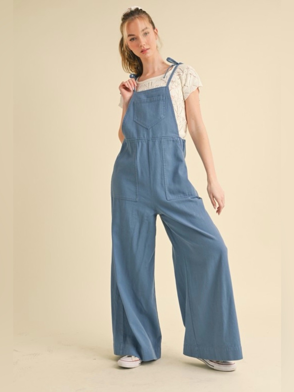 A422. Wide Leg Denim-Blue Overalls Jumpsuit for Women